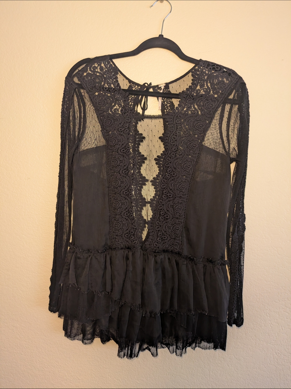 Free People Black Lace Ruffle Peplum Top